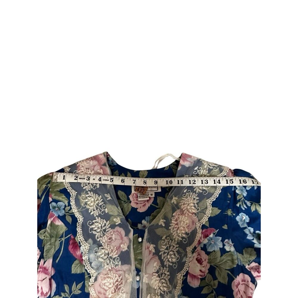VTG 90s Karen Stevens Romantic Floral Midi Dress Lace Tie Sailor Collar Modest M - Picture 10 of 16